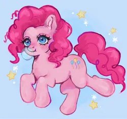 Size: 2048x1934 | Tagged: safe, artist:plebliung, derpibooru import, pinkie pie, earth pony, pony, blowing bubbles, blue background, curly mane, curly tail, female, g4, image, jpeg, jumping, mare, pink coat, pink mane, pose, signature, simple background, smiling, solo, spread hooves, stars, tail