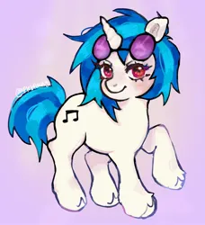 Size: 1866x2048 | Tagged: safe, artist:plebliung, derpibooru import, vinyl scratch, pony, unicorn, female, g4, glasses, glow, horn, image, jpeg, looking at you, mare, pink background, pose, raised leg, red eyes, signature, simple background, smiling, smiling at you, solo, tail, two toned mane, two toned tail, unshorn fetlocks, vinyl's glasses
