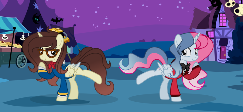 Size: 4813x2229 | Tagged: safe, artist:darbypop1, derpibooru import, oc, oc:darby, oc:melody everbelle, unofficial characters only, alicorn, pony, charlie morningstar, clothes, costume, female, image, mare, nightmare night costume, png, wally darling