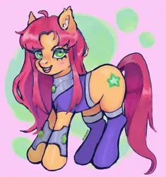 Size: 1926x2048 | Tagged: safe, artist:plebliung, derpibooru import, ponified, pony, armor, armored pony, bracelet, crossover, dc comics, ear fluff, female, flowing mane, flowing tail, green eyes, image, jewelry, jpeg, looking at you, mare, necklace, orange coat, pink background, red mane, red tail, simple background, smiling, smiling at you, starfire, superhero, superhero costume, tail, teen titans