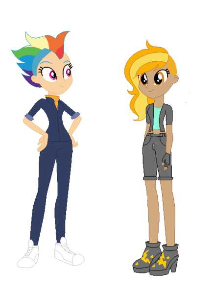 Size: 502x690 | Tagged: safe, artist:frankta1, artist:selenaede, derpibooru import, lightning dust, rainbow dash, human, alternate hairstyle, base used, boots, clothes, dark skin, duo, duo female, female, fingerless gloves, gloves, high heel boots, humanized, image, jacket, lesbian, midriff, mowhawk, older, older rainbow dash, png, ship:rainbowdust, shipping, shoes, shorts, simple background, sneakers, tanktop, white background