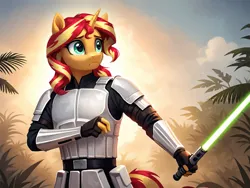 Size: 2048x1536 | Tagged: safe, ai content, derpibooru import, machine learning generated, prompter:demose, stable diffusion, sunset shimmer, anthro, armor, forest, frown, g4, generator:pony diffusion v6 xl, image, jungle, lightsaber, nature, png, star wars, stormtrooper, tree, weapon, worried
