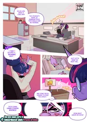 Size: 2000x2800 | Tagged: safe, artist:frozenartifice, derpibooru import, twilight sparkle, anthro, fly, insect, pony, unicorn, comic:princess celestia with a dick!, alternate hairstyle, arm behind head, breasts, busty twilight sparkle, classroom, comic, dialogue, female, glasses, hair bun, high res, image, mare, png, round glasses, solo, stretching, unicorn twilight, vial