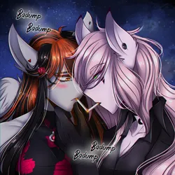 Size: 2000x2000 | Tagged: safe, artist:carbutt69, derpibooru import, oc, oc:cannon car, oc:pinky, anthro, pegasus, blushing, cigarette kiss, ear piercing, earring, face to face, female, heartbeat, image, jewelry, lesbian, mafia, multicolored mane, night, night sky, piercing, png, sky