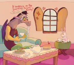 Size: 1700x1500 | Tagged: safe, artist:abbytabbys, derpibooru import, angel bunny, discord, draconequus, rabbit, alternate universe, animal, arm fluff, beard, cake, chest fluff, colored eyebrows, colored pinnae, colored sclera, couch, crossed legs, cup, dialogue, discord's house, duo, duo male, facial hair, fangs, floppy ears, folded wings, food, g4, holding, image, implied flutterbat, implied fluttershy, jpeg, looking at each other, looking at someone, looking down, male, mismatched horns, neck fluff, personality swap, red eyes, role reversal, sandwich, stool, talking, tea, teacup, teapot, thick eyebrows, window, wings, yellow sclera