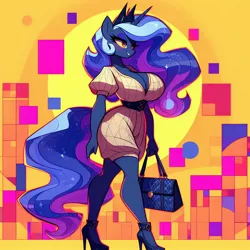 Size: 1024x1024 | Tagged: safe, ai content, derpibooru import, machine learning generated, princess luna, anthro, abstract background, adorasexy, bag, beautiful, belt, big breasts, breasts, busty princess luna, butt, cleavage, clothes, confident, curvy, cute, dress, female, g4, handbag, high heels, hourglass figure, huge breasts, image, jpeg, large butt, moonbutt, office lady, prompter:horselover fat, purse, sexy, shoes, side view, smiling, solo, walking, wide hips