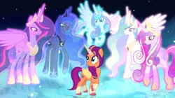 Size: 828x465 | Tagged: safe, artist:hamatolima, derpibooru import, princess cadance, princess celestia, princess flurry heart, princess luna, princess twilight 2.0, sunny starscout, twilight sparkle, twilight sparkle (alicorn), alicorn, pony, g5, my little pony: a new generation, the last problem, adult flurry heart, alicorn pentarchy, armor, armored pony, blue coat, crown, detailed background, female, flowing mane, flying, g4, generation leap, glow, glowing body, glowing horn, horn, image, jewelry, jpeg, looking at someone, mane stripe sunny, mare, multiple characters, older, older twilight, older twilight sparkle (alicorn), pink coat, purple coat, race swap, raised hoof, regalia, signature, smiling, smiling at someone, sparkles, spirit, spread wings, sunny and her heroine, sunnycorn, tail, two toned mane, two toned tail, unshorn fetlocks, white coat, wings