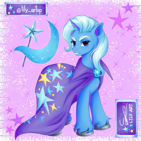 Size: 1580x1580 | Tagged: safe, artist:liliart1211, derpibooru import, trixie, pony, unicorn, cap, cape, clothes, digital art, digital painting, fanart, g4, hat, horn, image, jpeg, mage, magic, trixie's cape, trixielulamoon