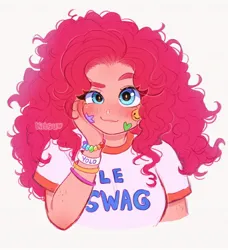 Size: 1866x2048 | Tagged: safe, artist:strawbee_fox, derpibooru import, pinkie pie, human, blushing, bracelet, bust, clothes, curly hair, female, g4, humanized, image, jewelry, jpeg, looking at you, shirt, simple background, smiling, smiling at you, solo, sticker, swag, t-shirt, watermark, white background, wristband, yolo