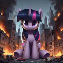 Size: 1024x1024 | Tagged: safe, ai content, derpibooru import, machine learning generated, prompter:doomguy397, twilight sparkle, pony, burning, car, city, destruction, female, g4, generator:dall-e 3, giant pony, image, innocent, jpeg, looking at you, macro, mare, sitting, solo