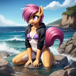 Size: 640x640 | Tagged: suggestive, ai content, derpibooru import, machine learning generated, prompter:dordrago, scootaloo, anthro, pegasus, belly button, bikini, breasts, cleavage, clothes, female, g4, happy, hoodie, image, kneeling, ocean, png, rock, solo, stupid sexy scootaloo, swimsuit, tail, water, wet, wingless