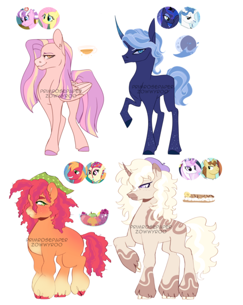 Size: 3701x4657 | Tagged: safe, artist:primrosepaper, derpibooru import, big macintosh, donut joe, fancypants, fleur-de-lis, fluttershy, nurse sweetheart, princess luna, torch song, oc, alicorn, earth pony, pegasus, pony, unicorn, absurd resolution, bandana, beret, cloven hooves, coat markings, collaboration, crack ship offspring, earth pony oc, female, freckles, hat, horn, image, lidded eyes, looking at you, magical lesbian spawn, male, mare, offspring, parent:big macintosh, parent:donut joe, parent:fancypants, parent:fleur-de-lis, parent:fluttershy, parent:nurse sweetheart, parent:princess luna, parent:torch song, pegasus oc, png, simple background, smiling, smiling at you, stallion, text, transparent background, unicorn oc, wings