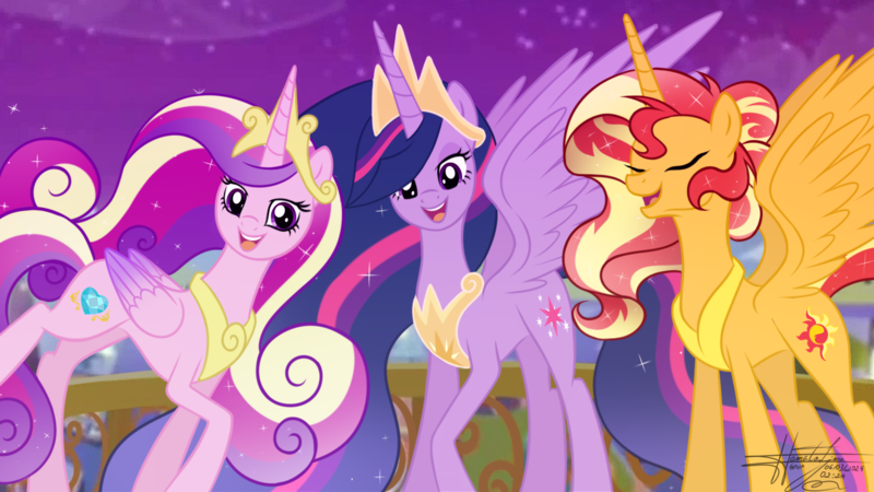 Size: 1280x720 | Tagged: safe, artist:hamatolima, derpibooru import, princess cadance, princess twilight 2.0, sunset shimmer, twilight sparkle, twilight sparkle (alicorn), alicorn, pony, the last problem, alicornified, concave belly, crown, depth of field, ethereal mane, ethereal tail, female, folded wings, image, jewelry, lidded eyes, long mane, long tail, mare, night, older, older princess cadance, older sunset, older twilight, older twilight sparkle (alicorn), open mouth, outdoors, peytral, png, race swap, raised hoof, regalia, shimmercorn, signature, sky, slender, spread wings, standing on two hooves, tail, tall, thin, trio, wings, you'll play your part