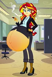 Size: 832x1216 | Tagged: suggestive, ai content, machine learning generated, prompter:tiamatnightmare, sunset shimmer, human, equestria girls, business suit, cigar, clothes, humanized, hyper, hyper belly, hyper pregnancy, image, impossibly large belly, jpeg, office, pregnant