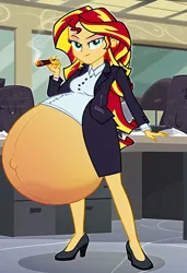 Size: 832x1216 | Tagged: suggestive, ai content, machine learning generated, prompter:tiamatnightmare, sunset shimmer, human, equestria girls, business suit, cigar, clothes, humanized, hyper, hyper belly, hyper pregnancy, image, impossibly large belly, jpeg, office, pregnant