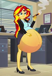 Size: 832x1216 | Tagged: suggestive, ai content, machine learning generated, prompter:tiamatnightmare, sunset shimmer, human, equestria girls, business suit, cigar, clothes, humanized, hyper, hyper belly, hyper pregnancy, image, impossibly large belly, jpeg, office, pregnant