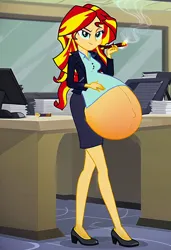 Size: 832x1216 | Tagged: suggestive, ai content, machine learning generated, prompter:tiamatnightmare, sunset shimmer, human, equestria girls, business suit, cigar, clothes, humanized, hyper, hyper belly, hyper pregnancy, image, impossibly large belly, jpeg, office, pregnant