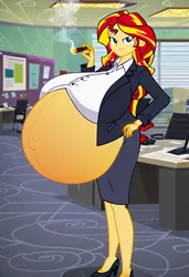 Size: 832x1216 | Tagged: suggestive, ai content, machine learning generated, prompter:tiamatnightmare, sunset shimmer, human, equestria girls, breasts, business suit, busty sunset shimmer, cigar, clothes, humanized, hyper, hyper belly, hyper pregnancy, image, impossibly large belly, jpeg, office, pregnant