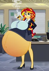 Size: 832x1216 | Tagged: suggestive, ai content, machine learning generated, prompter:tiamatnightmare, sunset shimmer, human, equestria girls, breasts, business suit, busty sunset shimmer, cigar, clothes, humanized, hyper, hyper belly, hyper pregnancy, image, impossibly large belly, jpeg, office, pregnant