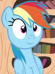 Size: 510x680 | Tagged: safe, derpibooru import, edit, edited screencap, editor:twilyisbestpone, screencap, rainbow dash, pegasus, pony, season 4, testing testing 1-2-3, cute, dashabetes, female, g4, golden oaks library, image, inverted mouth, library, mare, png, smiling, solo