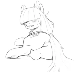 Size: 929x910 | Tagged: suggestive, artist:anonymous, derpibooru import, oc, oc:dot matrix, unofficial characters only, earth pony, pony, beauty mark, blush lines, blushing, bucktooth, butt, female, grayscale, hair over eyes, image, looking back, lying down, mare, monochrome, nervous, plot, png, rear view, side, solo, solo female, sweat, sweatdrop, tail