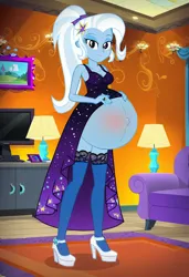 Size: 832x1216 | Tagged: suggestive, ai content, machine learning generated, prompter:tiamatnightmare, trixie, human, equestria girls, humanized, hyper, hyper belly, hyper pregnancy, image, impossibly large belly, jpeg, ponytail, pregnant
