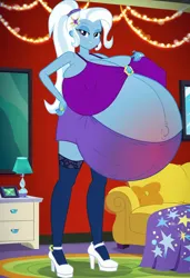 Size: 832x1216 | Tagged: suggestive, ai content, machine learning generated, prompter:tiamatnightmare, trixie, human, equestria girls, breasts, busty trixie, humanized, hyper, hyper belly, hyper pregnancy, image, impossibly large belly, jpeg, ponytail, pregnant