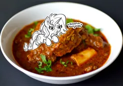 Size: 2700x1877 | Tagged: safe, artist:opalacorn, derpibooru import, oc, unofficial characters only, pony, unicorn, commission, curry, descriptive noise, eating, female, food, heart, horn, image, irl, jpeg, mare, meat, photo, ponies eating meat, ponies in food, ponies in real life, solo, tiny, tiny ponies, traditional art