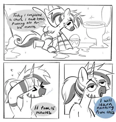 Size: 2223x2341 | Tagged: safe, artist:opalacorn, derpibooru import, oc, oc:silver stream, unofficial characters only, alicorn, pony, zebra, zebra alicorn, bathroom, cleaning, dialogue, grayscale, image, jpeg, lidded eyes, male, monochrome, narration, partial color, solo, speech bubble, spread wings, stallion, toilet, wings