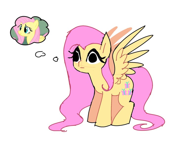 Size: 2077x1709 | Tagged: episode needed, safe, artist:syrupyyy, derpibooru import, screencap, fluttershy, pegasus, pony, :i, big eyes, colored, colored sketch, derp, eyelashes, female, flat colors, g4, image, jpeg, long mane, long tail, mare, no thoughts head empty, pink mane, pink tail, simple background, sketch, solo, spread wings, standing, tail, thinking, thought bubble, wavy mane, wavy tail, white background, wide eyes, wings, yellow coat