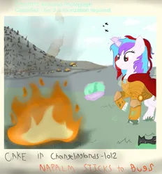 Size: 1771x1906 | Tagged: grimdark, artist:minecake, derpibooru import, oc, oc:cake sparkle, pony, unicorn, equestria at war mod, alternate hairstyle, blood, bomb, bombing run, burned forest, changeling egg, corpse, death, egg, fire, green blood, horn, image, magic, napalm, photo, plane, png, polaroid, solo, war, water, waterfall, weapon