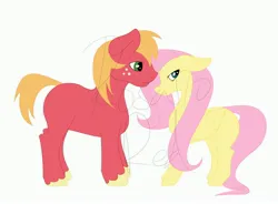 Size: 4096x3010 | Tagged: safe, artist:rosario-red, artist:rosario_red_art, derpibooru import, part of a set, big macintosh, fluttershy, earth pony, pegasus, pony, absurd resolution, colored, duo, duo male and female, female, flat colors, floppy ears, fluttermac, folded wings, height difference, image, jpeg, long mane, long tail, looking away, male, mare, missing accessory, missing cutie mark, obtrusive watermark, shipping, shy, simple background, smiling, stallion, straight, tail, unshorn fetlocks, watermark, white background, wings, wip