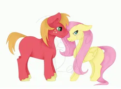 Size: 4096x3010 | Tagged: safe, artist:rosario-red, artist:rosario_red_art, derpibooru import, part of a set, big macintosh, fluttershy, earth pony, pegasus, pony, absurd resolution, blushing, duo, duo male and female, female, floppy ears, fluttermac, folded wings, height difference, image, jpeg, long mane, long tail, looking away, male, mare, missing accessory, missing cutie mark, obtrusive watermark, shading, shipping, shy, simple background, smiling, stallion, straight, tail, unshorn fetlocks, watermark, white background, wings, wip