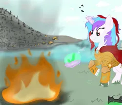 Size: 1647x1424 | Tagged: grimdark, artist:minecake, derpibooru import, oc, oc:cake sparkle, unofficial characters only, pony, unicorn, equestria at war mod, alternate hairstyle, blood, bomb, bombing run, burned forest, changeling egg, corpse, death, fire, green blood, horn, image, magic, napalm, plane, png, solo, war, water, waterfall, weapon