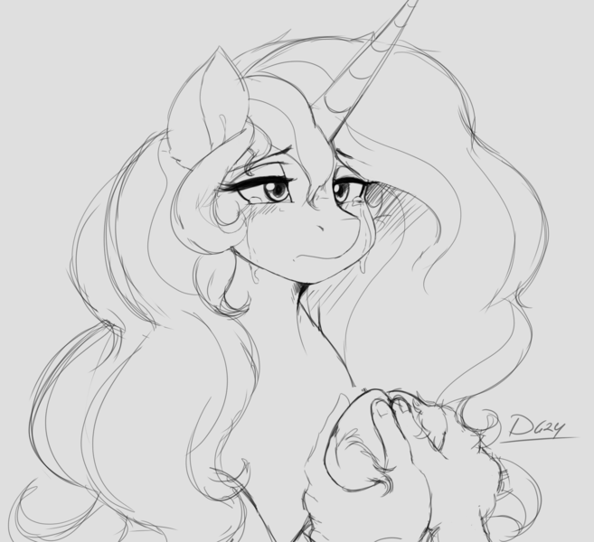 Size: 1598x1459 | Tagged: safe, artist:thelunarmoon, derpibooru import, princess celestia, alicorn, human, pony, bust, crying, cute, cutelestia, female, gray background, grayscale, holding hooves, image, mare, monochrome, offscreen character, png, sad, sadlestia, sadorable, simple background, solo focus, unshorn fetlocks, white background