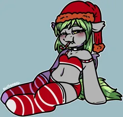 Size: 1833x1754 | Tagged: suggestive, artist:sexygoatgod, derpibooru import, oc, unofficial characters only, bat pony, pony, semi-anthro, bra, candy, candy cane, christmas, clothes, commission, eating, food, hat, holiday, image, looking at you, one eye closed, panties, png, santa hat, simple background, socks, solo, thigh highs, underwear, wink, winking at you
