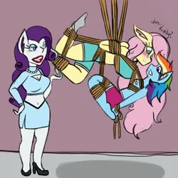Size: 1000x1000 | Tagged: suggestive, artist:mintymelody, derpibooru import, fluttershy, rainbow dash, rarity, anthro, blushing, bondage, clothes, image, partial nudity, png, rope, rope bondage, shibari, topless