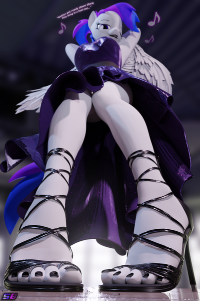 Size: 2560x3840 | Tagged: suggestive, alternate version, artist:shadowboltsfm, derpibooru import, oc, oc:inkwell stylus, anthro, plantigrade anthro, 3d, breasts, clothes, dancing, dress, eyes closed, feet, female, fetish, foot fetish, foot focus, high heels, high res, image, imminent crushing, lipstick, looking at you, looking down, looking down at you, low angle, macro, makeup, micro, nail polish, png, shoes, size difference, smiling, text, this will end in pain and/or death, tiny, toes, wings