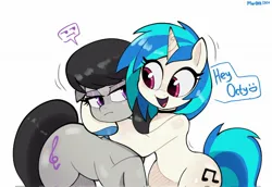 Size: 2048x1412 | Tagged: safe, artist:mar0x8, derpibooru import, octavia melody, vinyl scratch, earth pony, pony, unicorn, duo, duo female, female, horn, hug, image, jpeg, mare, octavia is not amused, open mouth, open smile, simple background, smiling, speech bubble, unamused, white background