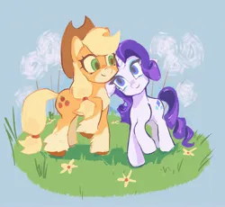 Size: 2048x1888 | Tagged: safe, artist:starl1ght11q, derpibooru import, applejack, rarity, earth pony, pony, unicorn, applejack's hat, cowboy hat, duo, female, flower, freckles, g4, hat, horn, image, jpeg, lesbian, mare, rarijack, shipping, unshorn fetlocks