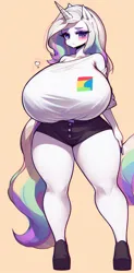 Size: 503x1024 | Tagged: safe, ai content, derpibooru import, machine learning generated, oc, unofficial characters only, anthro, unicorn, adorasexy, big breasts, blushing, breasts, busty oc, clothes, curvy, cute, embarrassed, female, horn, huge breasts, image, impossibly large breasts, jpeg, prompter:horselover fat, sexy, shirt, simple background, solo, standing, stupid sexy oc, thighs, thunder thighs, tight clothing, unicorn oc, wide hips