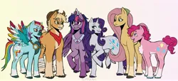 Size: 3500x1600 | Tagged: safe, artist:slapearl, derpibooru import, applejack, fluttershy, pinkie pie, rainbow dash, rarity, twilight sparkle, twilight sparkle (alicorn), alicorn, earth pony, pegasus, pony, alternate cutie mark, alternate design, applejack's hat, aviator goggles, bandage, bandana, chest fluff, coat markings, cowboy hat, eyebrows, eyebrows visible through hair, facial markings, female, fetlock tuft, freckles, goggles, gradient background, hat, image, jewelry, jpeg, lesbian, mane six, mare, mealy mouth (coat marking), neckerchief, peytral, regalia, ship:rarilight, shipping, star (coat marking), twitterina design, unshorn fetlocks