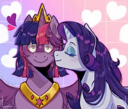 Size: 2000x1700 | Tagged: safe, artist:slapearl, derpibooru import, rarity, twilight sparkle, twilight sparkle (alicorn), alicorn, pony, unicorn, abstract background, blushing, coat markings, duo, eye clipping through hair, eyebrows, eyebrows visible through hair, facial markings, female, floating heart, g4, heart, horn, image, jewelry, jpeg, kiss on the cheek, kissing, lesbian, mare, peytral, regalia, ship:rarilight, shipping, spread wings, star (coat marking), swirly eyes, wingding eyes, wings