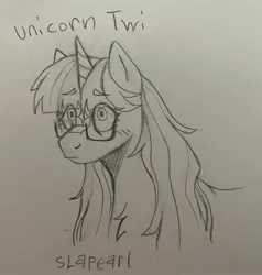 Size: 2721x2854 | Tagged: safe, artist:slapearl, derpibooru import, twilight sparkle, pony, unicorn, alternate design, black and white, blushing, chest fluff, coat markings, eyebrows, eyebrows visible through hair, facial markings, female, g4, glasses, grayscale, image, jpeg, mare, monochrome, simple background, sketch, solo, star (coat marking), traditional art, unicorn twilight, white background