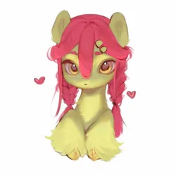 Size: 1440x1440 | Tagged: safe, artist:505p0ni, derpibooru import, apple bloom, earth pony, pony, braid, female, floating heart, g4, hairclip, heart, image, jpeg, mare, pigtails, simple background, solo, unshorn fetlocks, white background