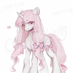 Size: 1440x1440 | Tagged: safe, artist:505p0ni, derpibooru import, oc, unofficial characters only, pony, unicorn, bow, choker, clothes, commission, eyebrows, eyebrows visible through hair, female, hair bow, horn, image, jpeg, mare, simple background, socks, solo, watermark, white background