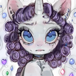 Size: 2048x2048 | Tagged: safe, artist:505p0ni, derpibooru import, rarity, pony, unicorn, abstract background, alternate hairstyle, choker, crying, curly mane, ear piercing, earring, female, g4, horn, image, jewelry, jpeg, mare, piercing, solo, unshorn fetlocks