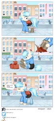 Size: 2112x4624 | Tagged: safe, artist:vinilyart, derpibooru import, coco pommel, earth pony, pony, 3 panel comic, bag, boots, city, clothes, comic, eyes closed, female, g4, high res, image, mare, outdoors, png, saddle bag, shoes, sitting, smiling, solo focus, speech bubble, sweater, tail
