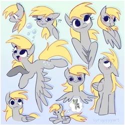 Size: 2500x2500 | Tagged: safe, artist:syrupyyy, derpibooru import, derpy hooves, pegasus, pony, g4, blue background, blushing, bubble, cute, derp, derpabetes, female, flying, folded wings, image, looking up, mare, multeity, open mouth, plushie, png, question mark, simple background, smiling, solo, spread wings, thought bubble, unstoppable force of derp, wings