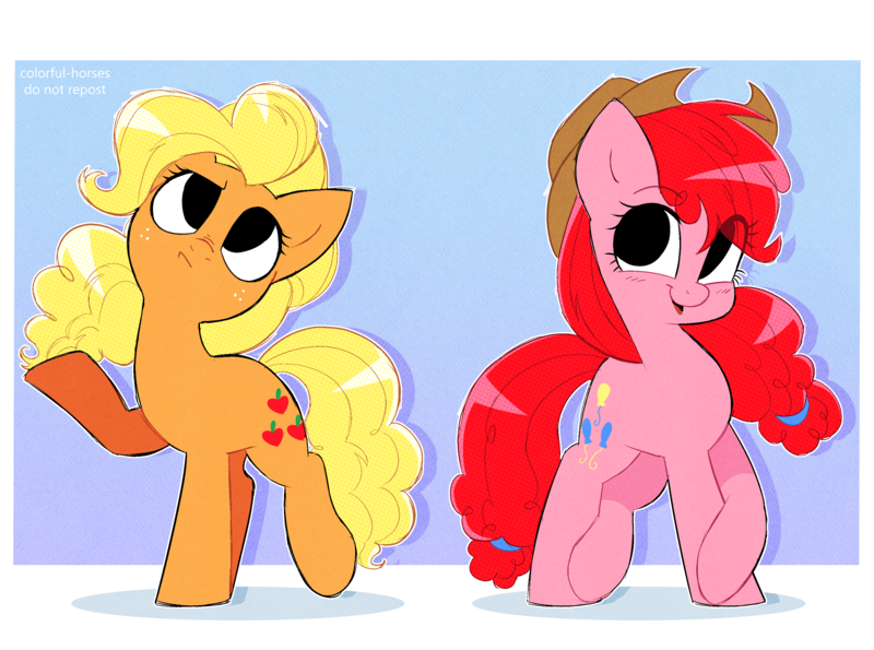 Size: 3142x2338 | Tagged: safe, artist:syrupyyy, derpibooru import, part of a set, applejack, pinkie pie, earth pony, pony, accessory swap, alternate hairstyle, applejack's hat, cowboy hat, cute, diapinkes, duo, duo female, eye clipping through hair, eyebrows, eyebrows visible through hair, female, freckles, g4, gradient background, hat, high res, image, jackabetes, looking at you, mane swap, mare, no catchlights, open mouth, open smile, png, raised hoof, raised leg, redraw, smiling, smiling at you, standing on two hooves, tail swap